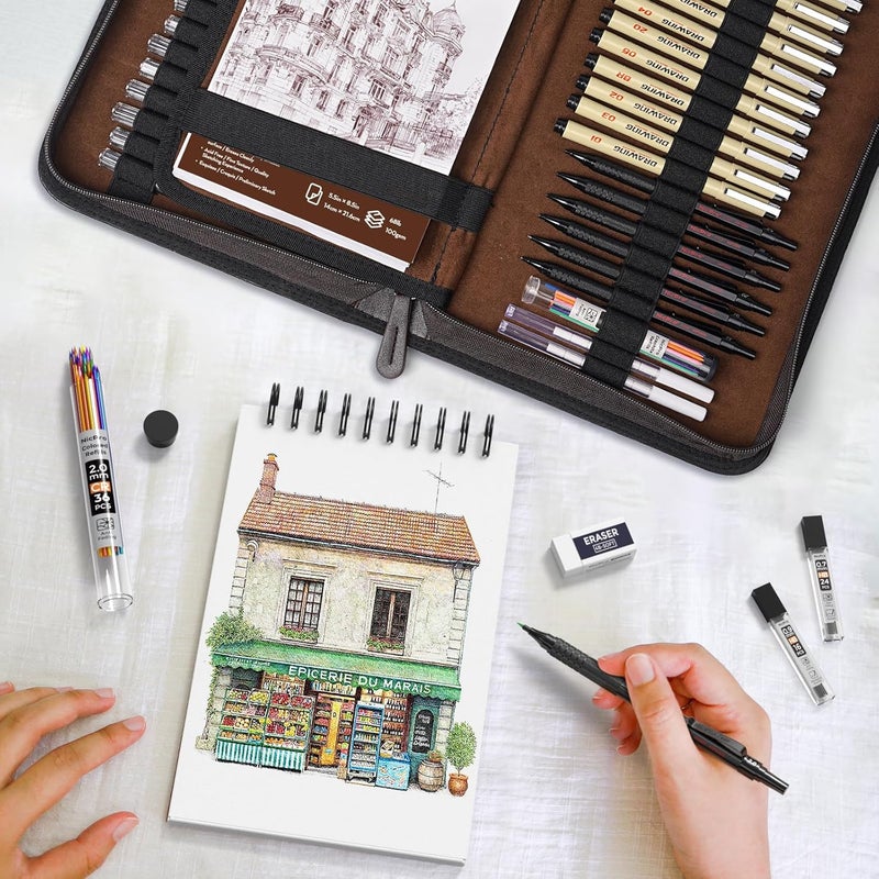 Nicpro 58PCS Art Drawing Supplies Kit in Leather Case, MP1000 Black Metal Mechanical Pencil Set with Drafting Pencil 0.5, 0.7, 0.9 & 2mm, 12 Micron Pen, Sketch Book, 30 Tube Lead Refills for Sketching - Image 5